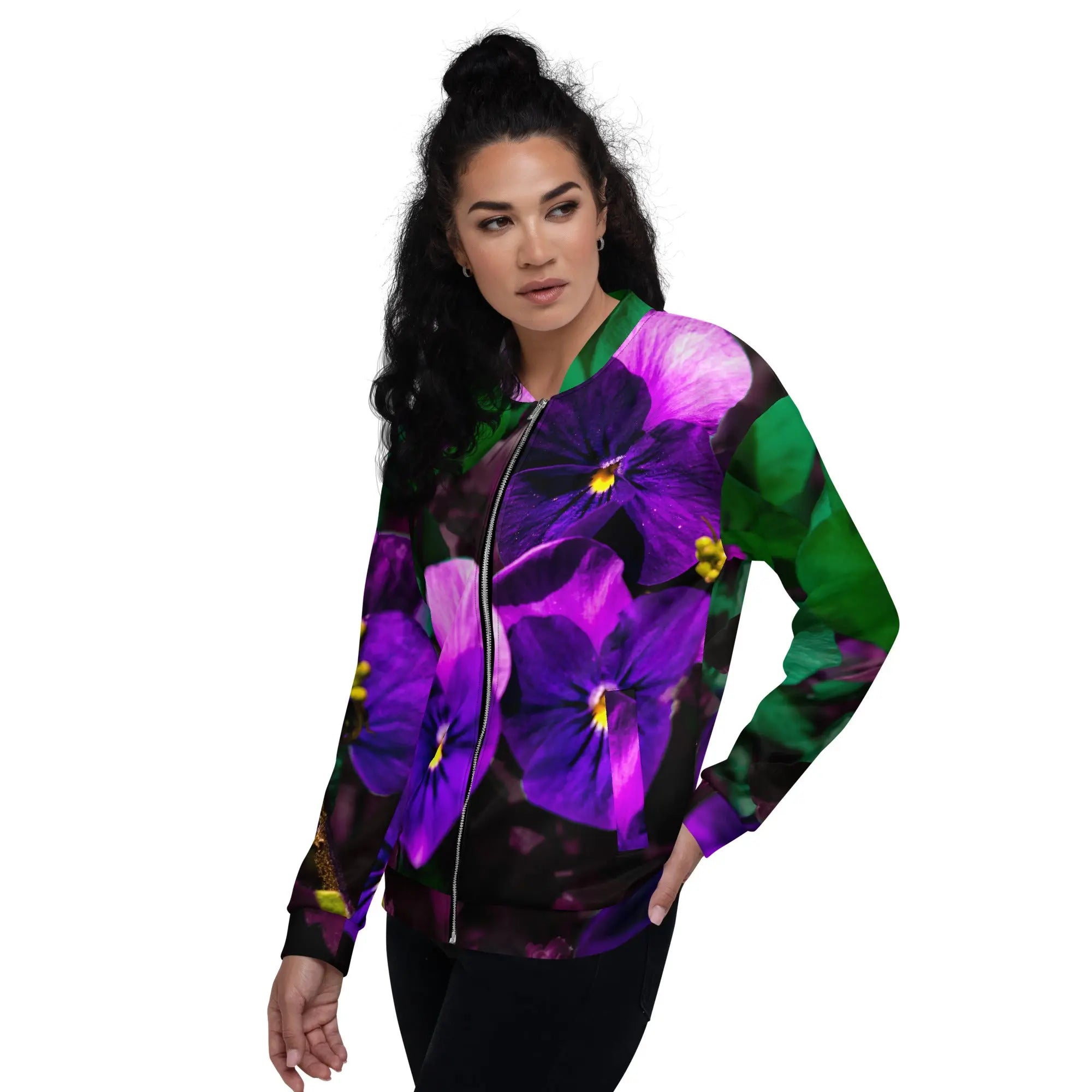 Queer Botanicals | Pansy | All-Over Print Unisex Bomber Jacket BaDeYaDeYa