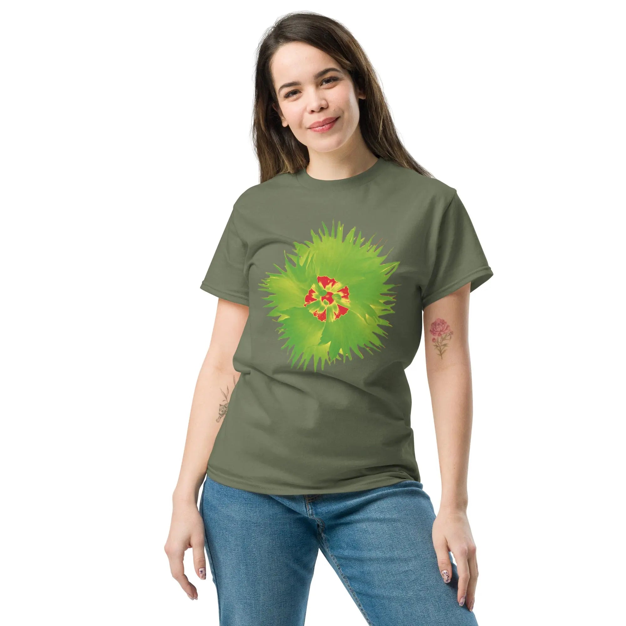 Fluorescent Flowers | Green Dianthus | Unisex Classic Short Sleeve T-Shirt BaDeYaDeYa