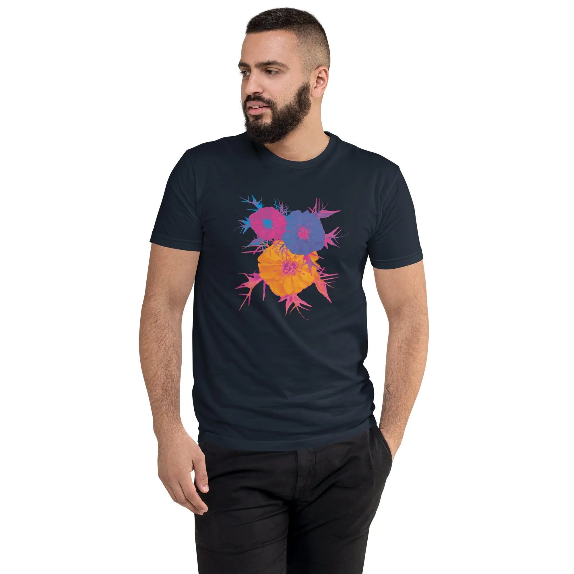 Fluorescent Flowers | Love In A Mist | Men's Fitted Short Sleeve T-Shirt BaDeYaDeYa