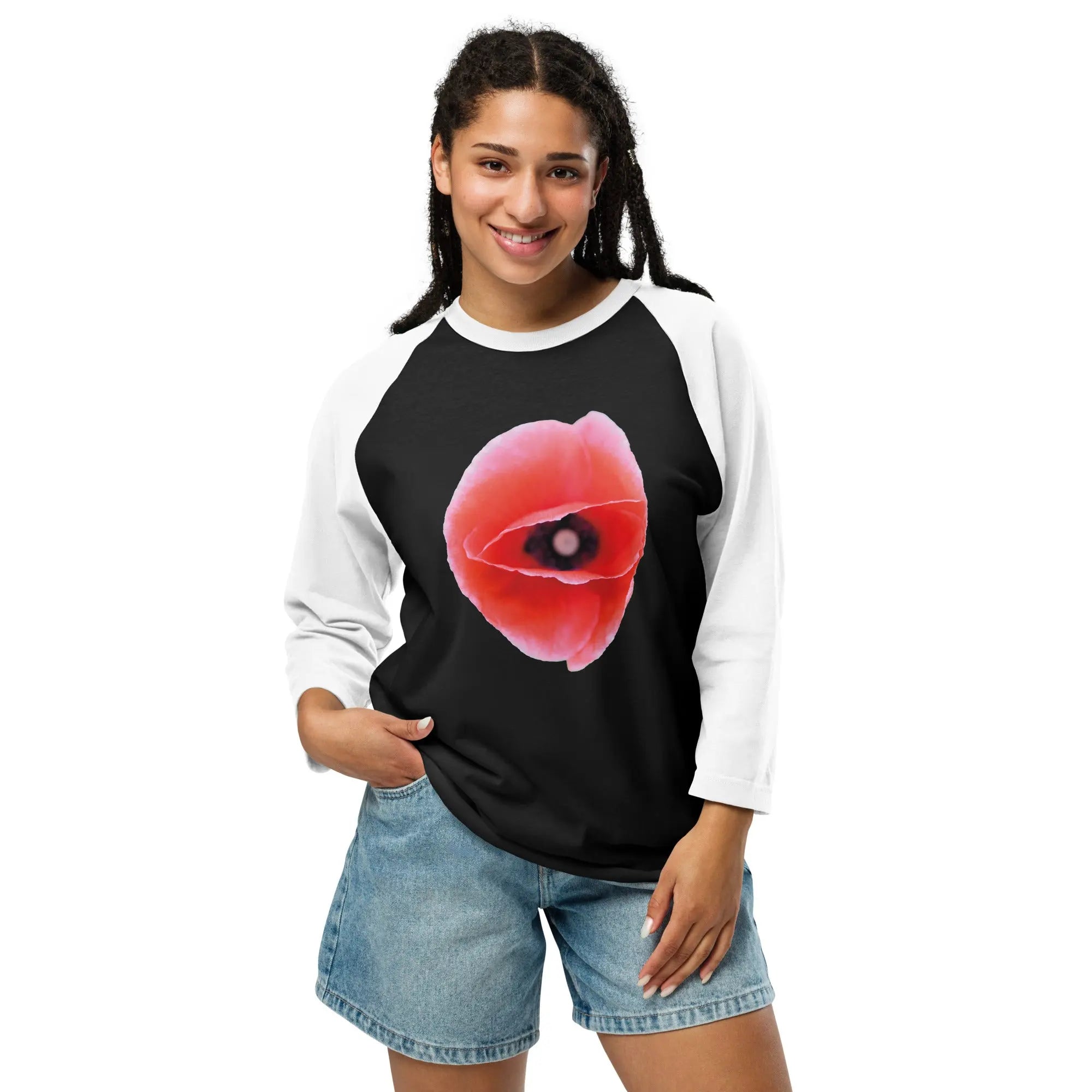 Queer Botanicals | Red Poppy | Unisex 3/4 Sleeve Raglan T-Shirt BaDeYaDeYa