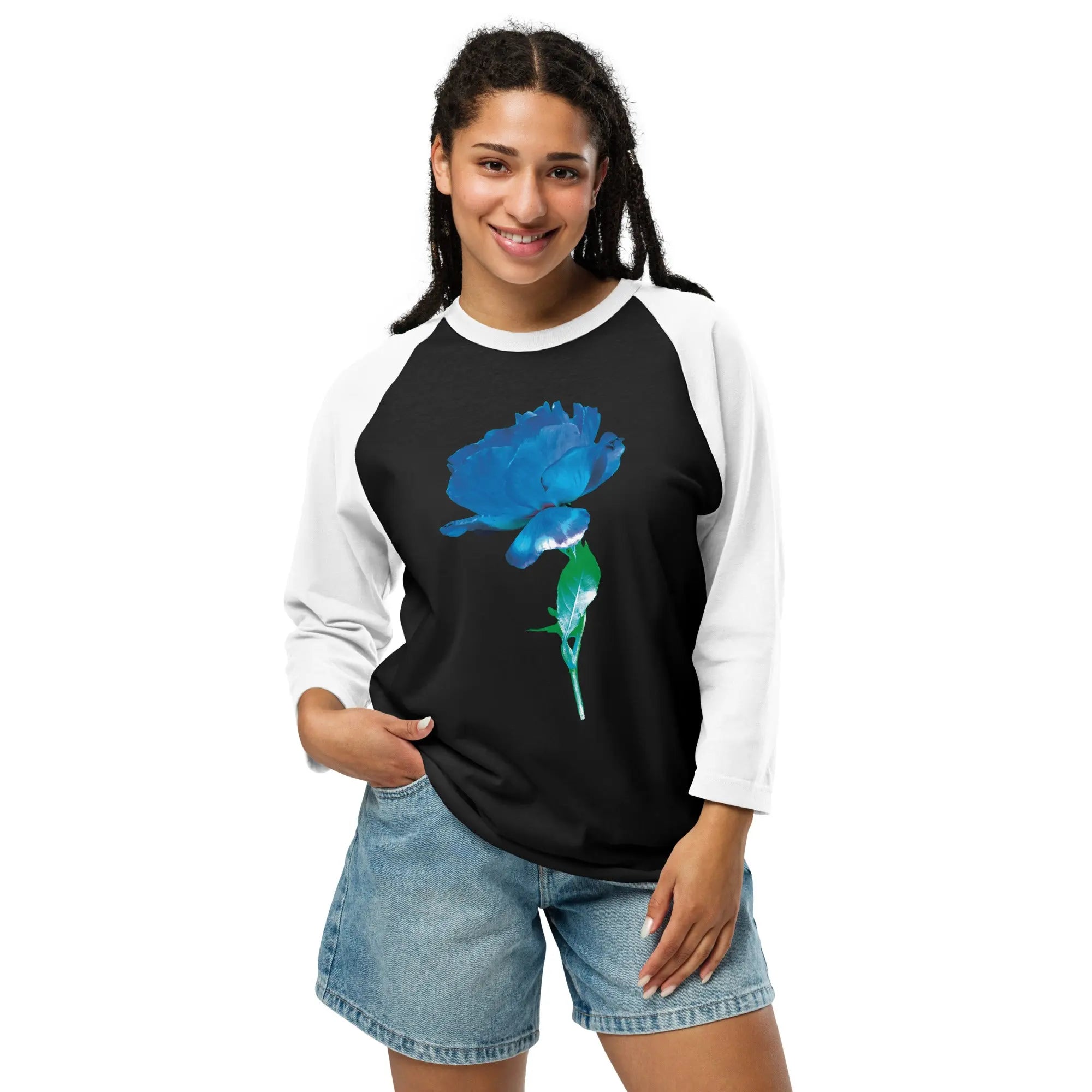 Queer Botanicals  | Blue Rose | Unisex 3/4 Sleeve Raglan T-Shirt BaDeYaDeYa