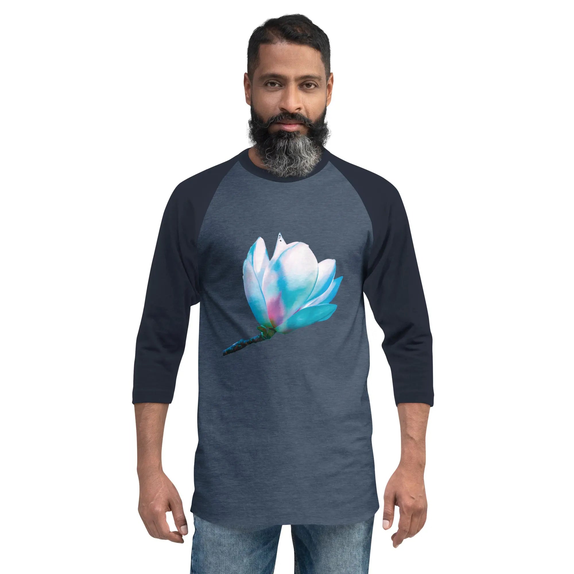 Fluorescent Flowers | Magnolia | Unisex 3/4 Sleeve Raglan T-Shirt BaDeYaDeYa