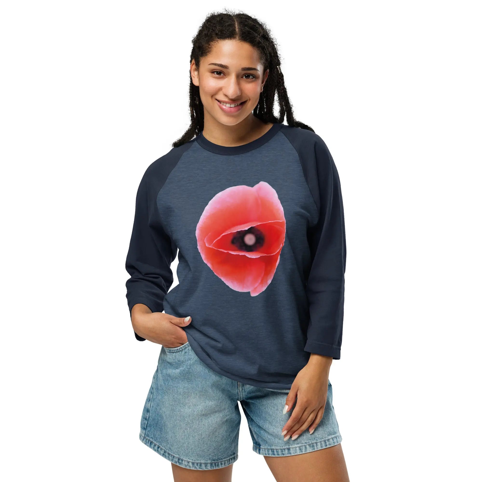 Queer Botanicals | Red Poppy | Unisex 3/4 Sleeve Raglan T-Shirt BaDeYaDeYa