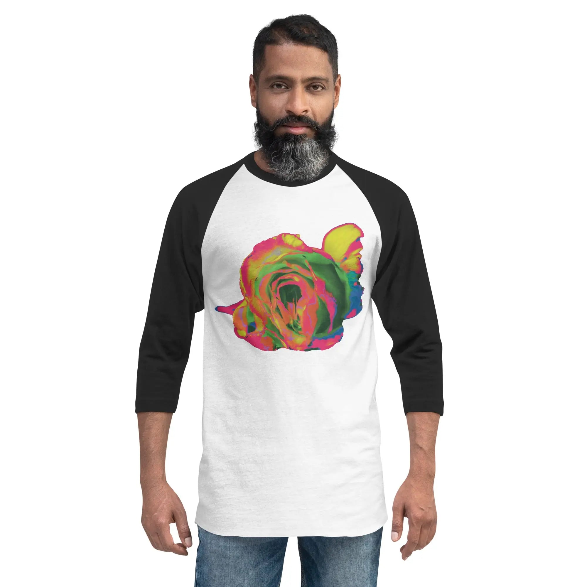 Queer Botanicals | Rainbow Rose | Unisex 3/4 Sleeve Raglan T-Shirt BaDeYaDeYa