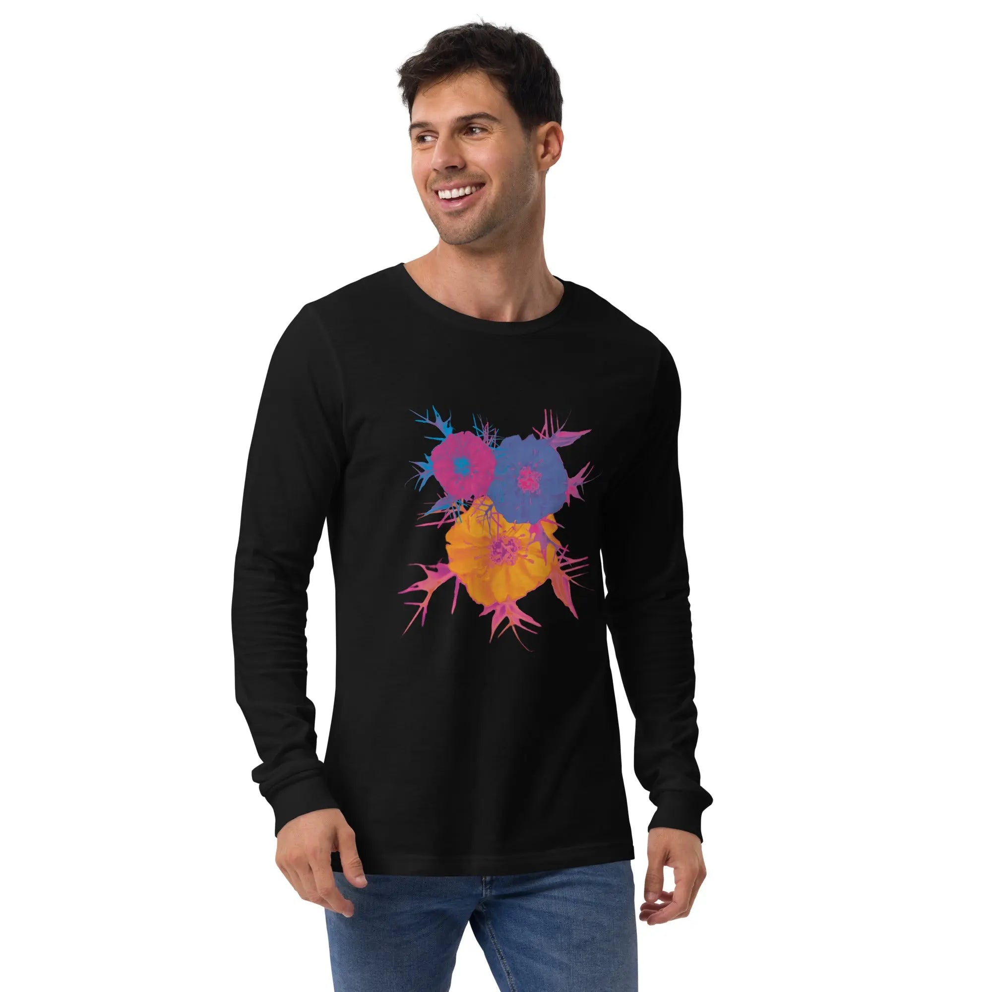 Fluorescent Flowers | Love In A Mist | Unisex Long Sleeve T-Shirt BaDeYaDeYa