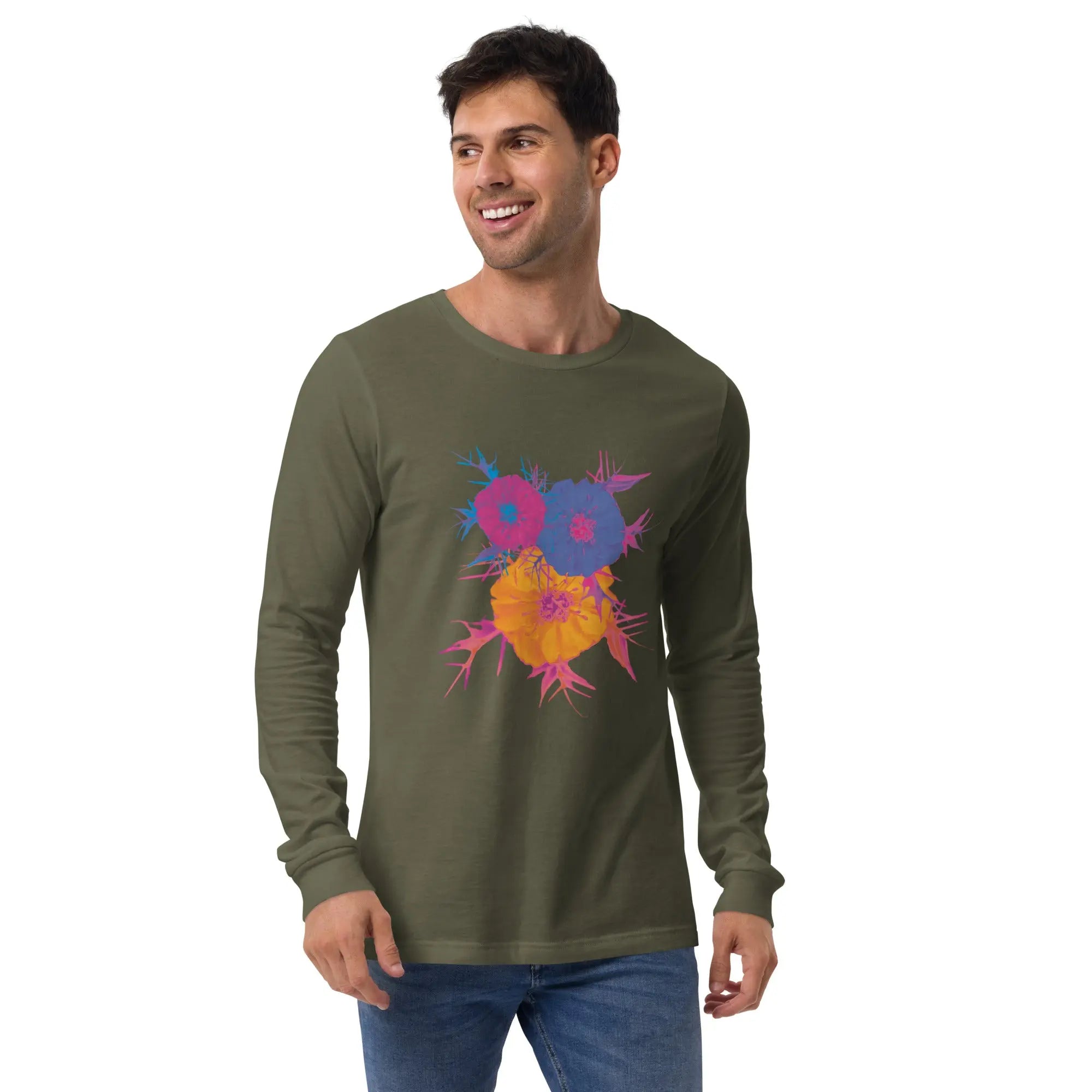 Fluorescent Flowers | Love In A Mist | Unisex Long Sleeve T-Shirt BaDeYaDeYa