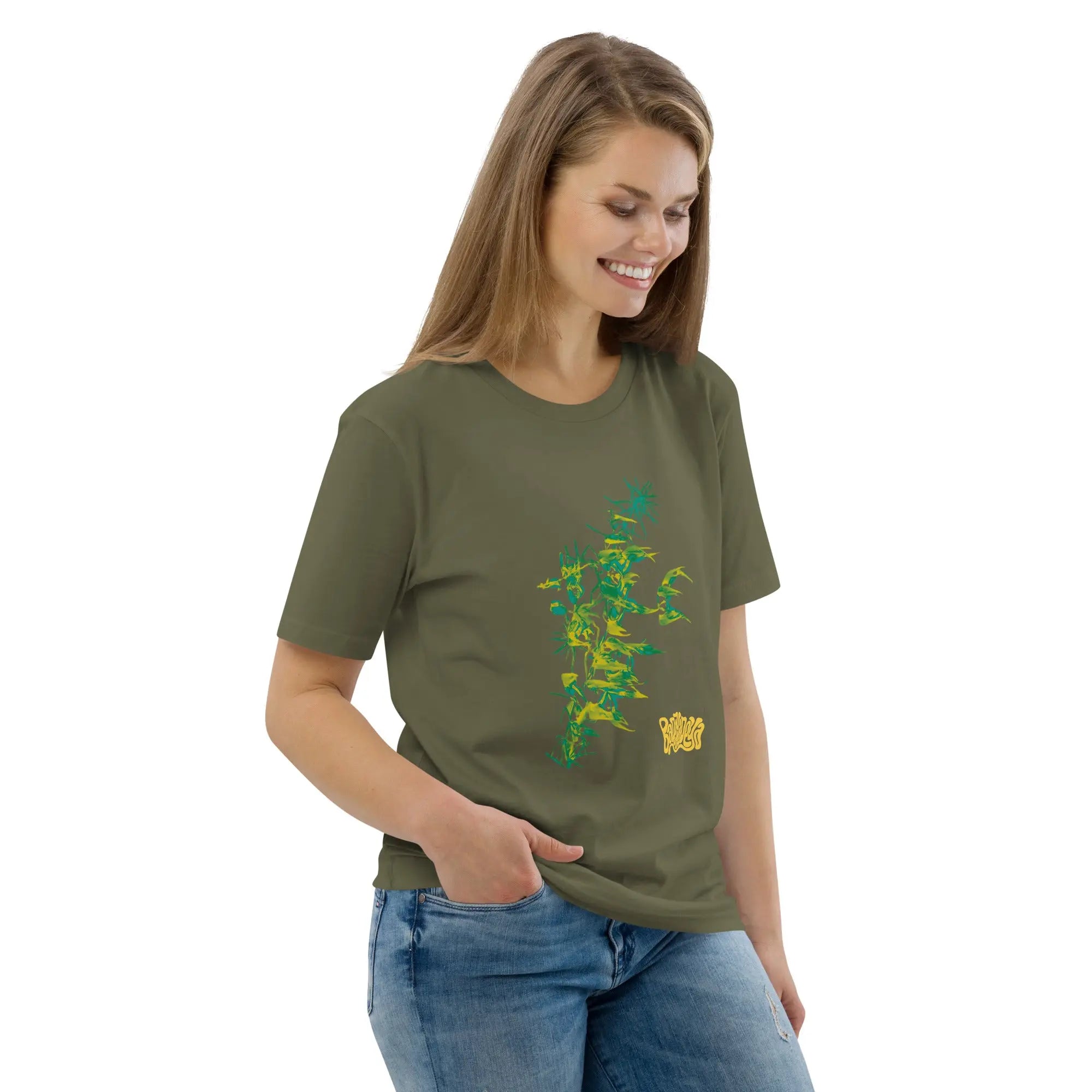 Fluorescent Flowers | Green Lotus | Women's Fitted Short Sleeve T-Shirt BaDeYaDeYa