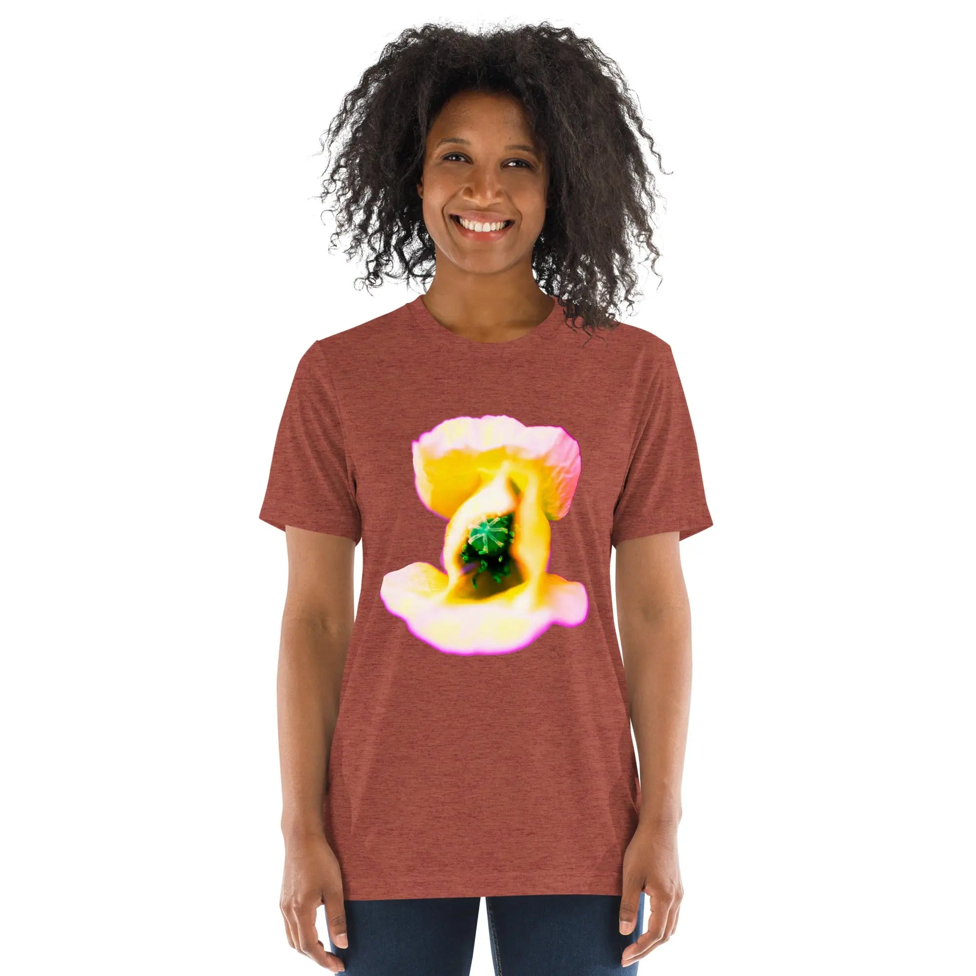 Fluorescent Flowers | Yellow Poppy | Unisex Vintage T-Shirt BaDeYaDeYa