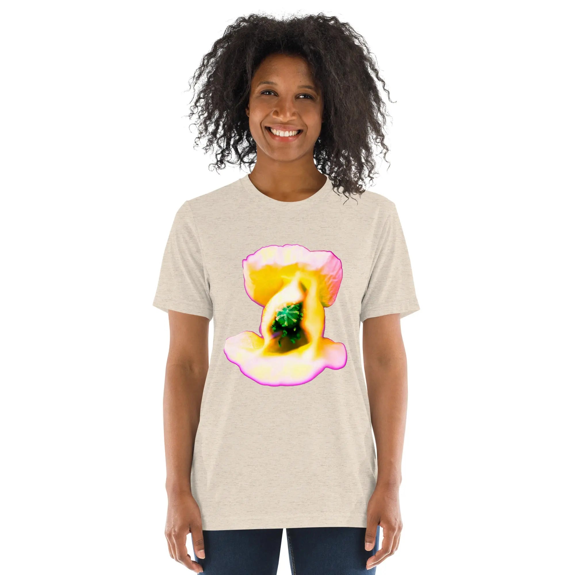 Fluorescent Flowers | Yellow Poppy | Unisex Vintage T-Shirt BaDeYaDeYa