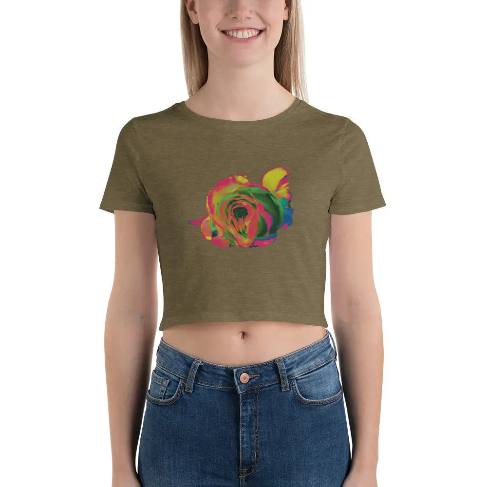 Queer Botanicals | Rainbow Rose | Women’s Fitted Crop Top T-Shirt BaDeYaDeYa