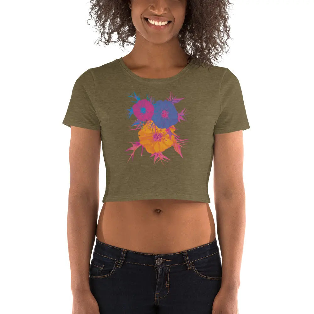 Fluorescent Flowers | Love In A Mist | Women’s Fitted Crop Top BaDeYaDeYa