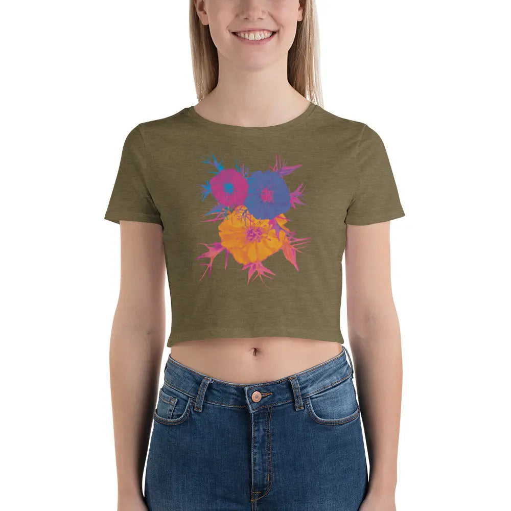 Fluorescent Flowers | Love In A Mist | Women’s Fitted Crop Top BaDeYaDeYa