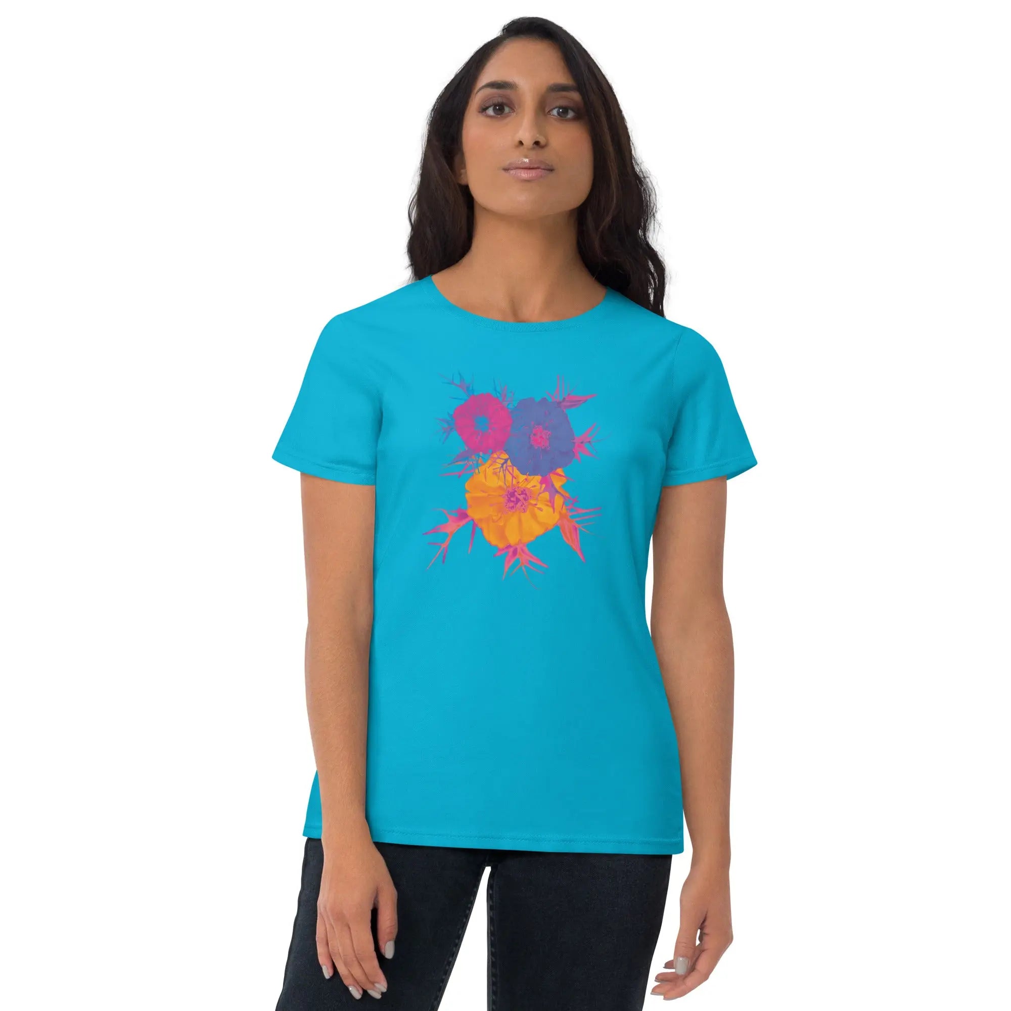 Fluorescent Flowers | Love In A Mist | Women's Fitted Short Sleeve T-Shirt BaDeYaDeYa