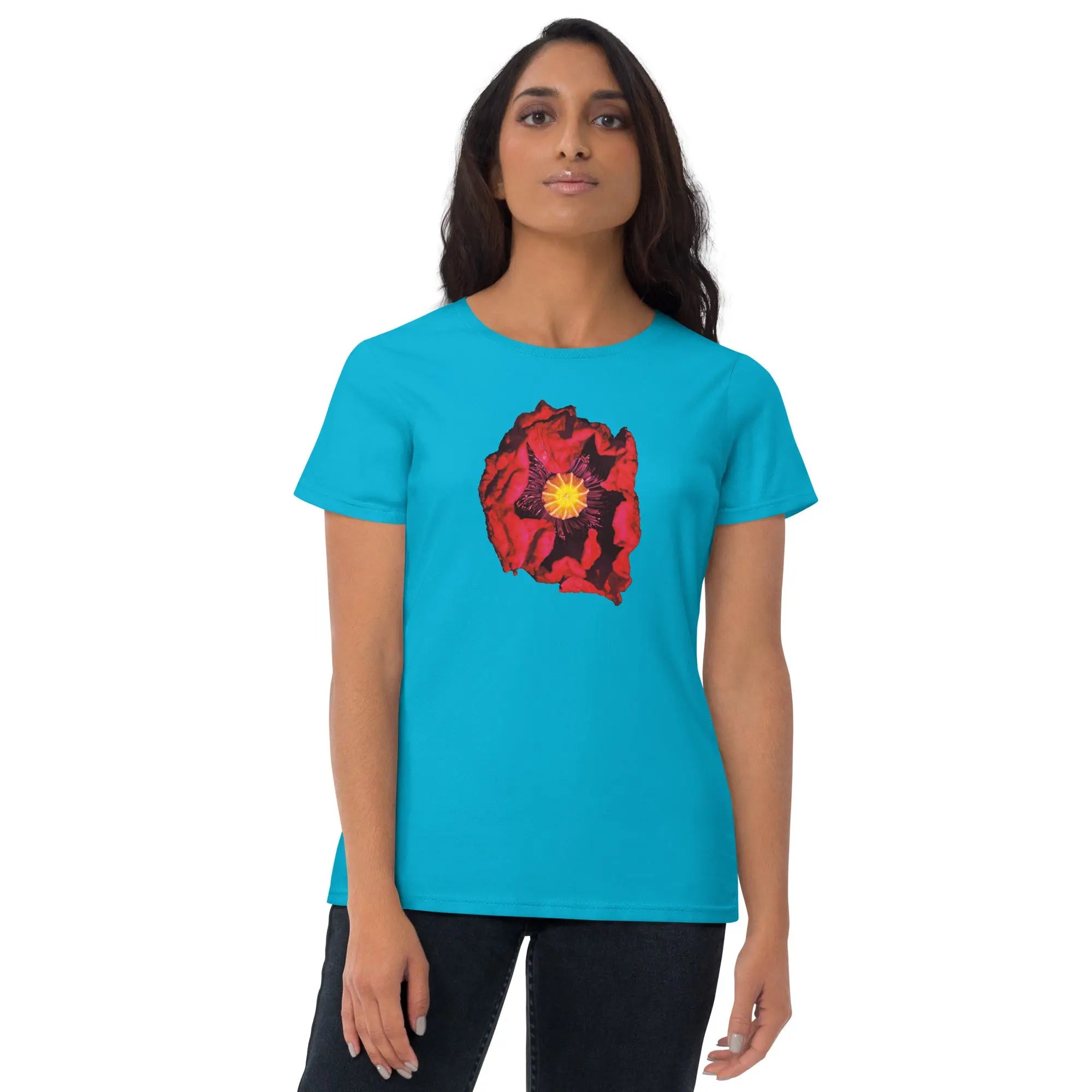 Queer Botanicals | Opening Red Poppy | Women’s Fitted Short Sleeve T-Shirt BaDeYaDeYa