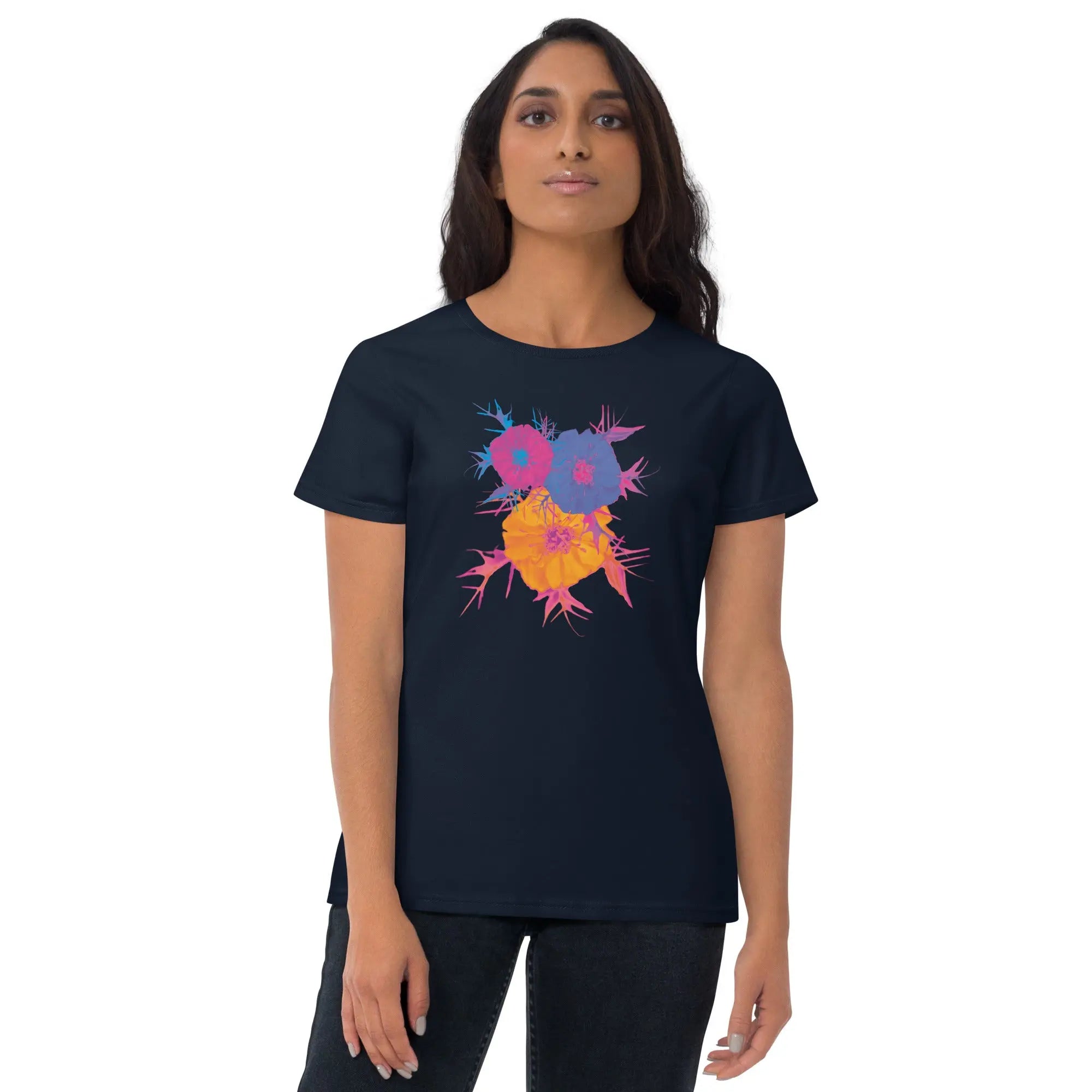 Fluorescent Flowers | Love In A Mist | Women's Fitted Short Sleeve T-Shirt BaDeYaDeYa