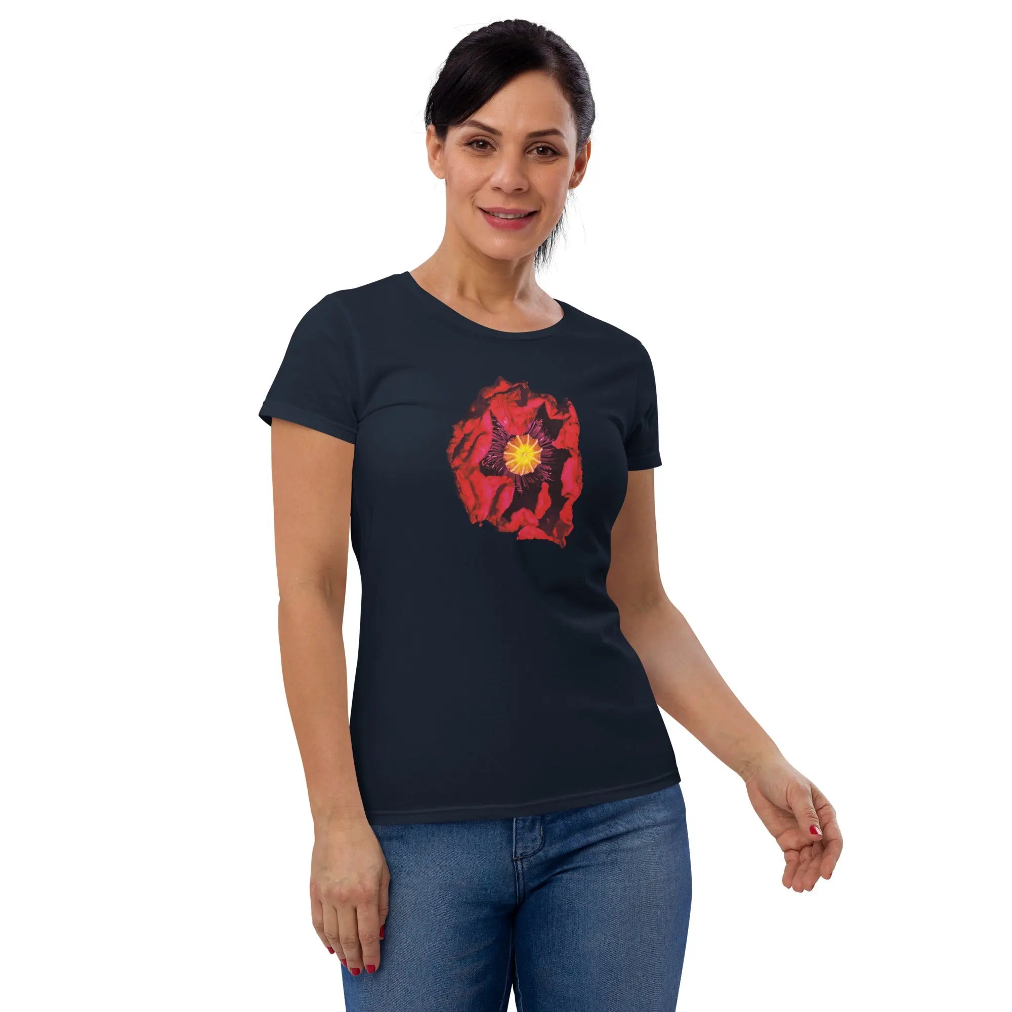 Queer Botanicals | Opening Red Poppy | Women’s Fitted Short Sleeve T-Shirt BaDeYaDeYa