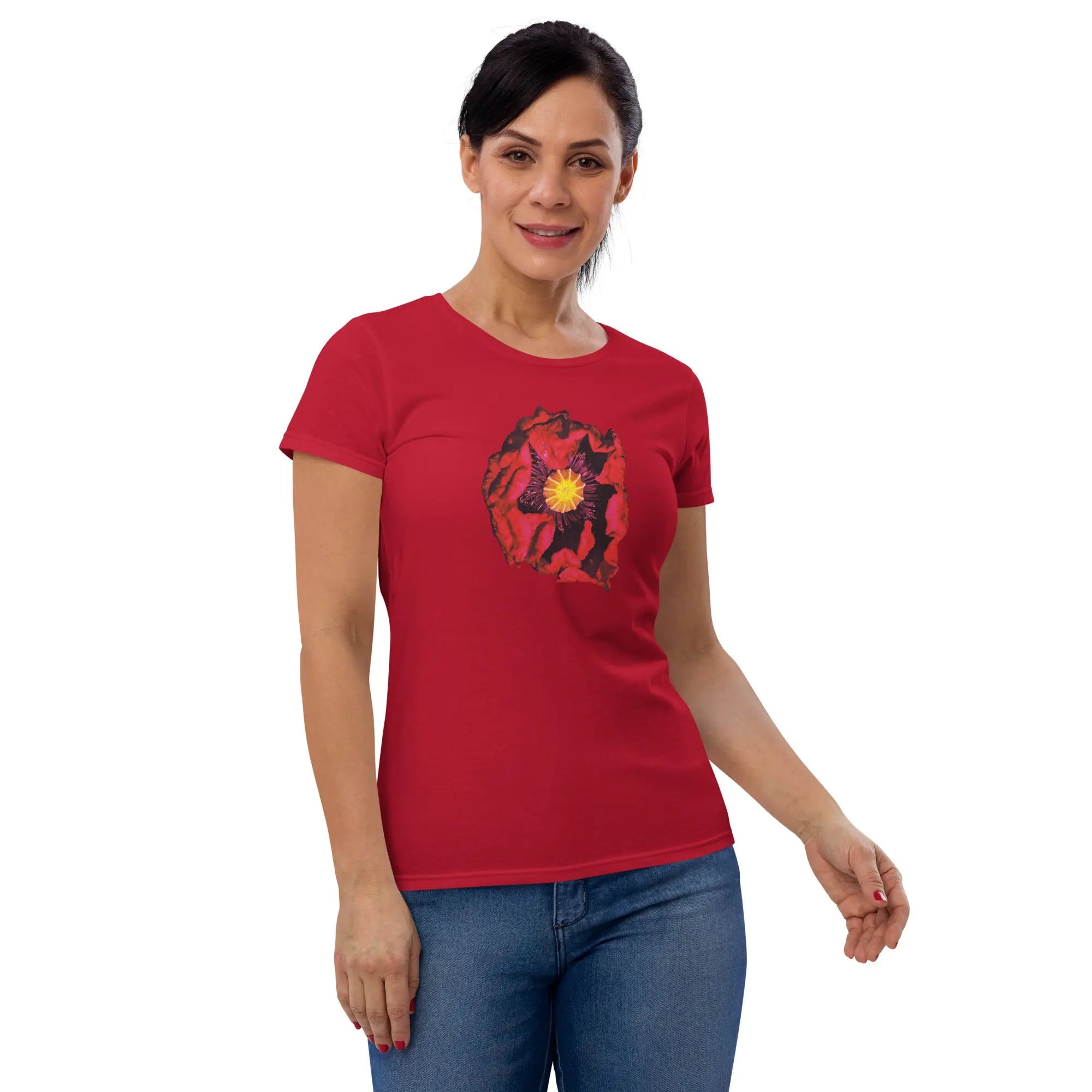 Queer Botanicals | Opening Red Poppy | Women’s Fitted Short Sleeve T-Shirt BaDeYaDeYa