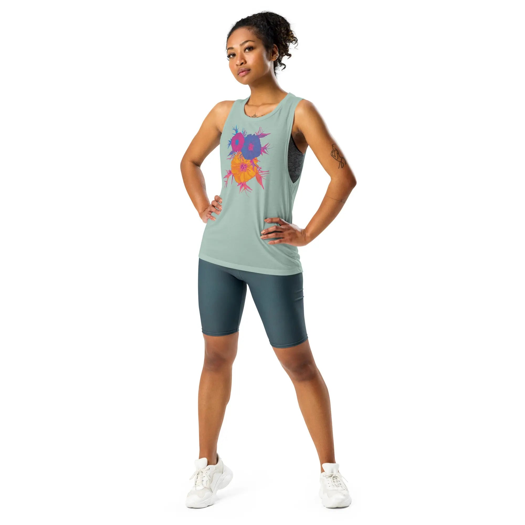 Fluorescent Flowers | Love In A Mist | Women's Muscle T-Shirt BaDeYaDeYa