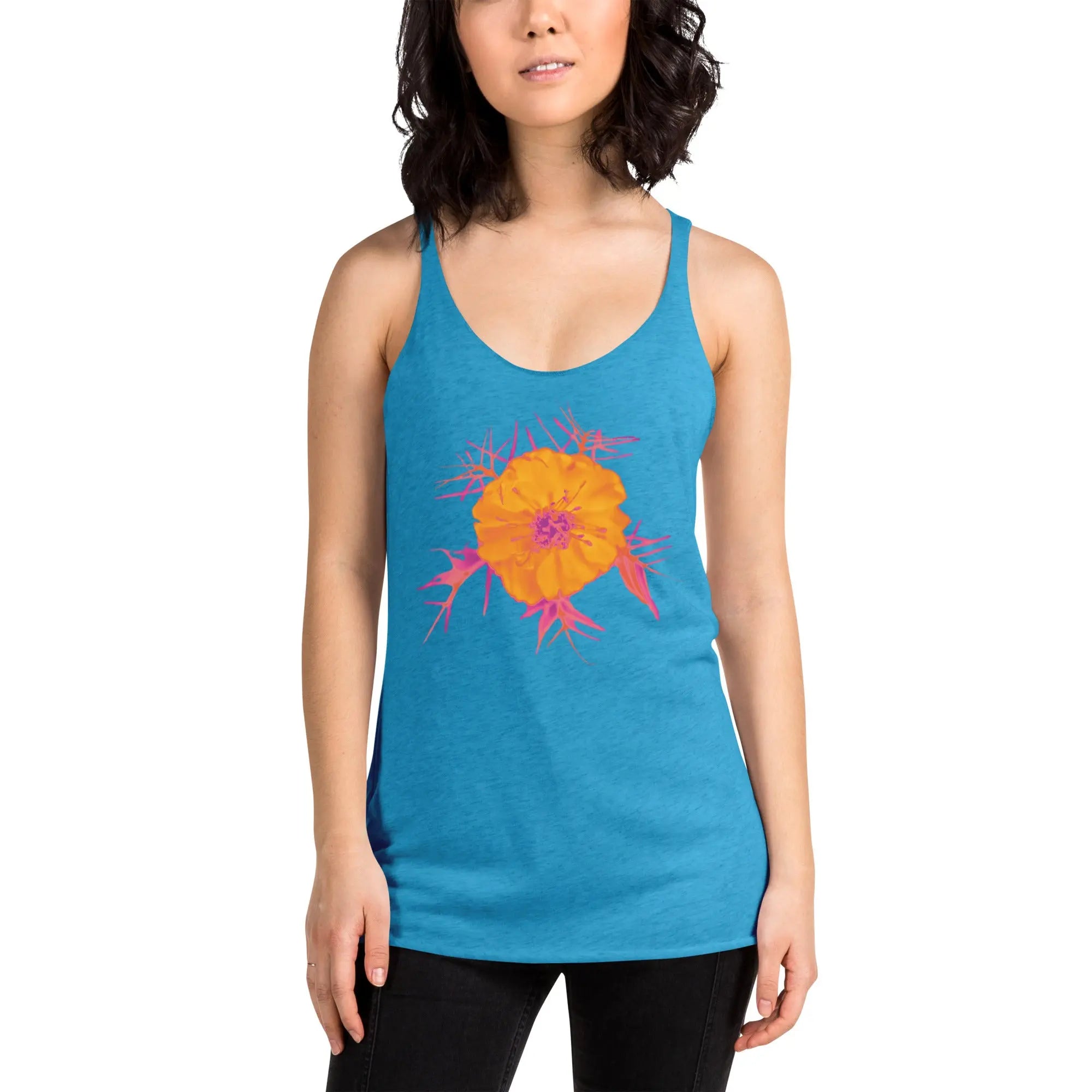 Fluorescent Flowers | Love In A Mist | Women's Racerback Tank Top BaDeYaDeYa